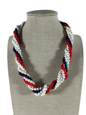 Red White Blue Twisted Multi Strand Beaded Necklace Patriotic Americana Retro